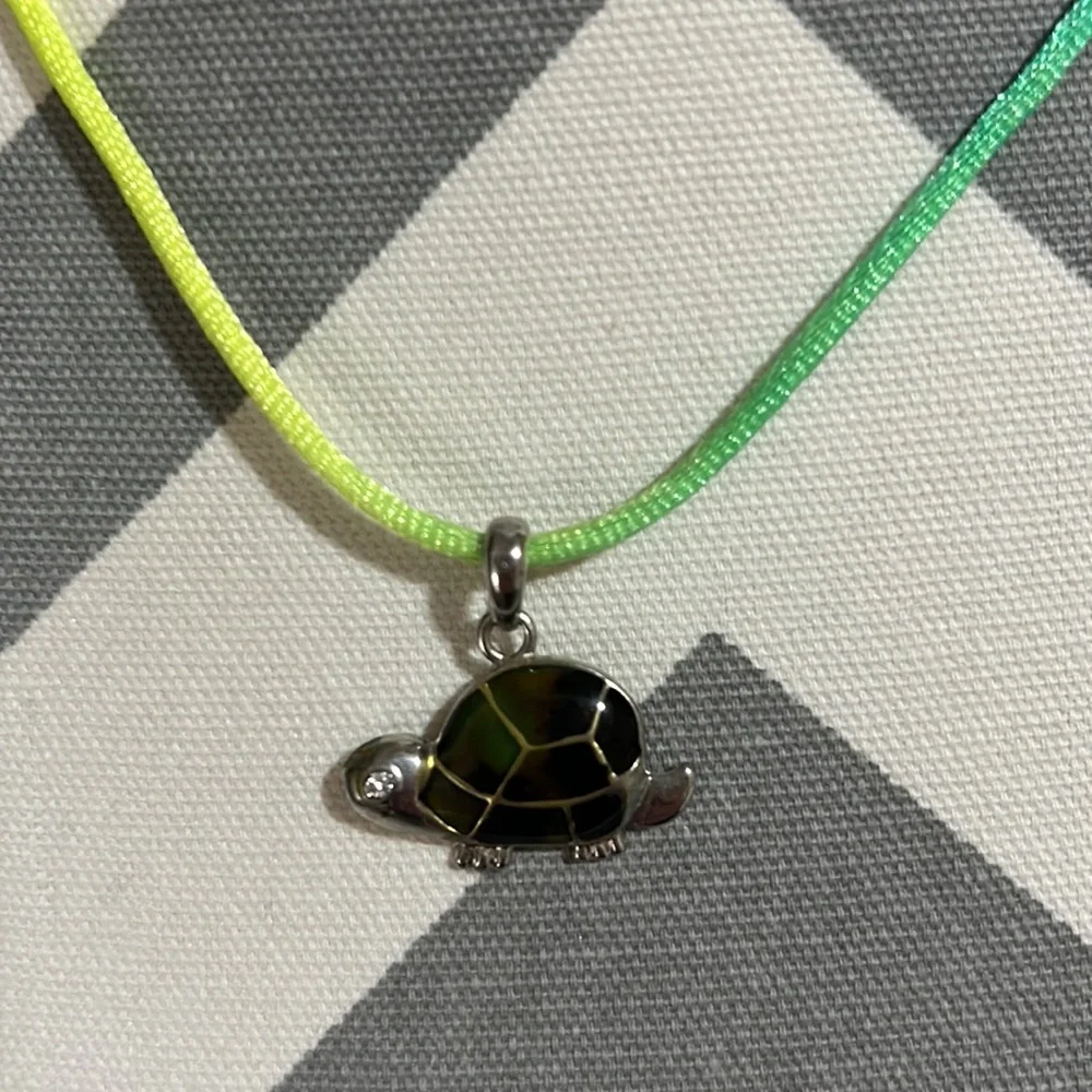Kids 16” nylon ombré necklace with a silver turtle pendant green accents. Used